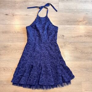 BCBGMAXAZRIA Dress 4 Small Navy Blue Floral Rosette Halter Neck Sleeveless Party